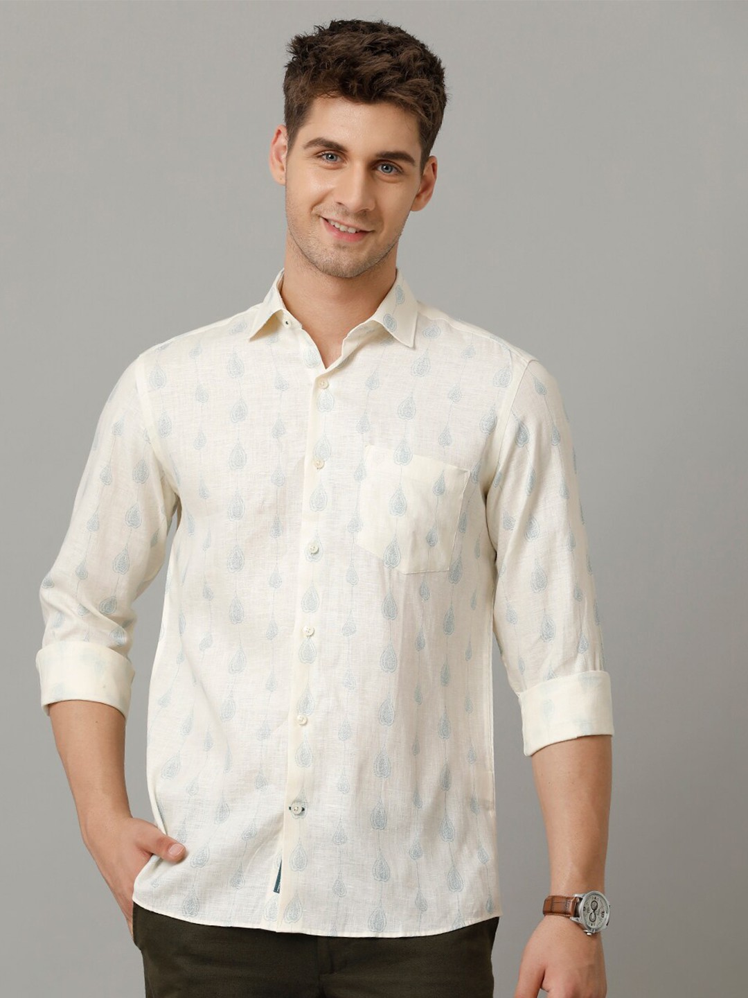 

Linen Club Men Contemporary Opaque Printed Casual Shirt, Blue