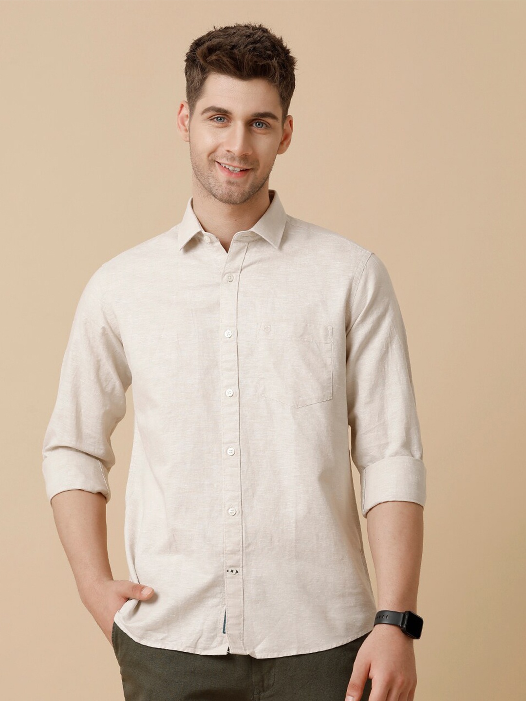 

Linen Club Men Contemporary Opaque Casual Shirt, Beige