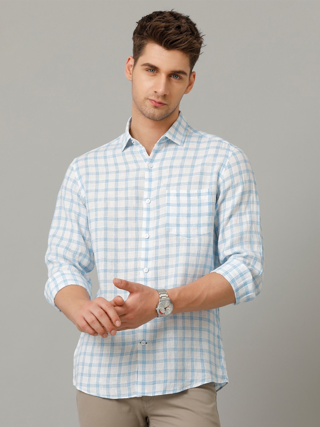 

Linen Club Men Contemporary Opaque Checked Casual Shirt, Blue