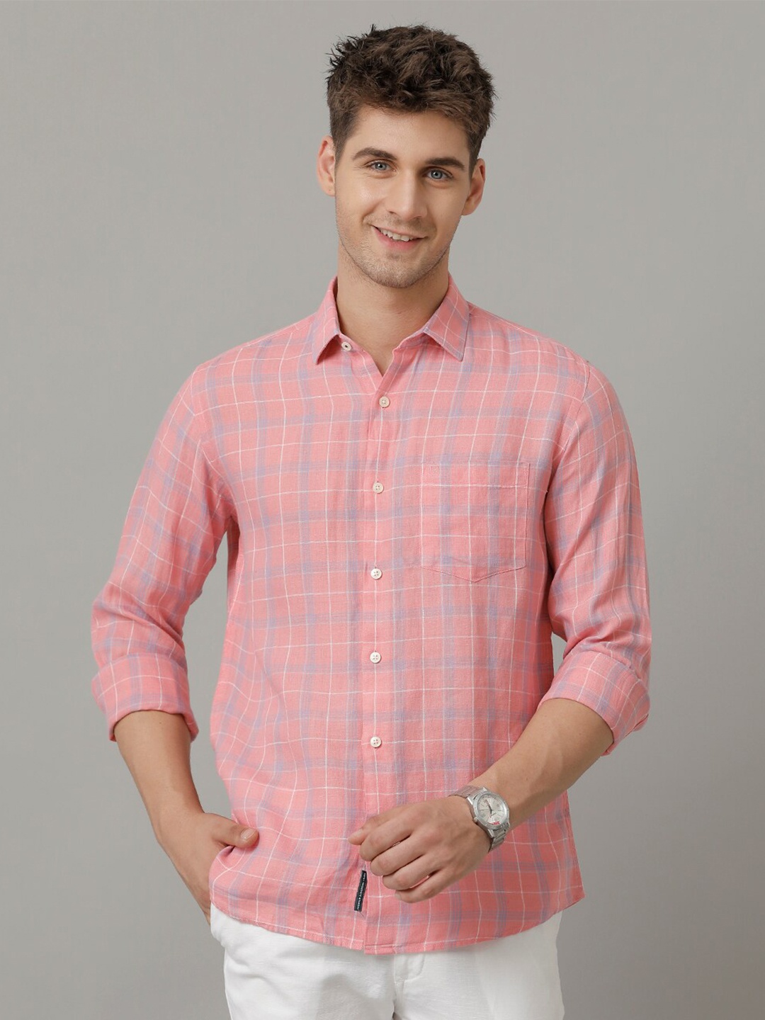 

Linen Club Men Contemporary Tartan Checks Opaque Checked Casual Shirt, Pink