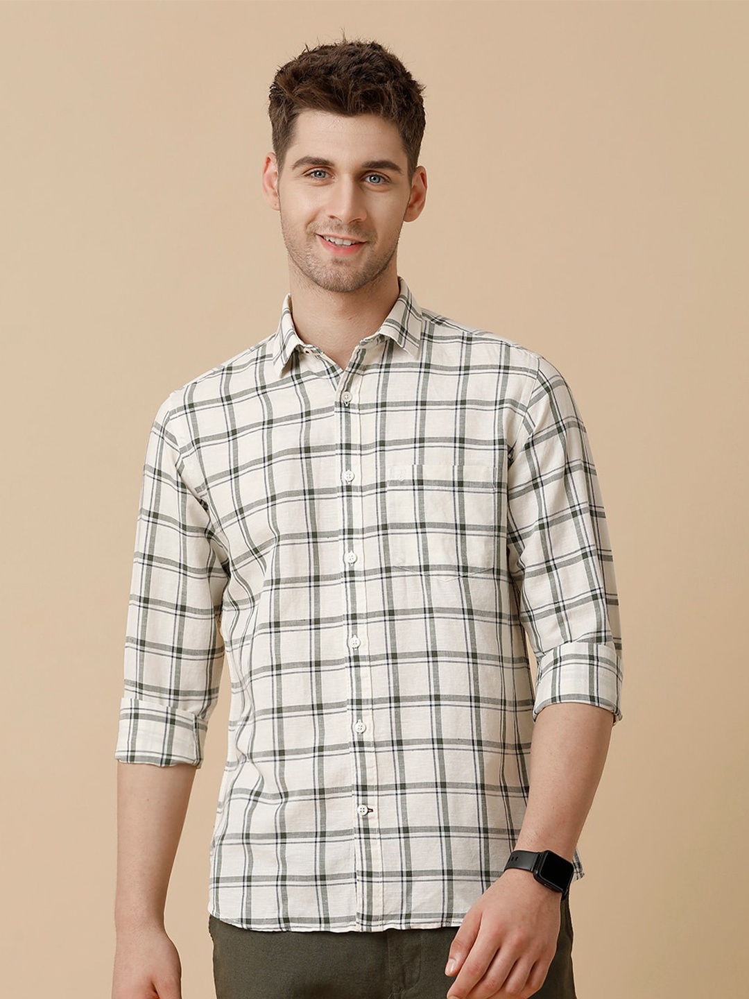 

Linen Club Men Contemporary Windowpane Checks Opaque Checked Casual Shirt, Black