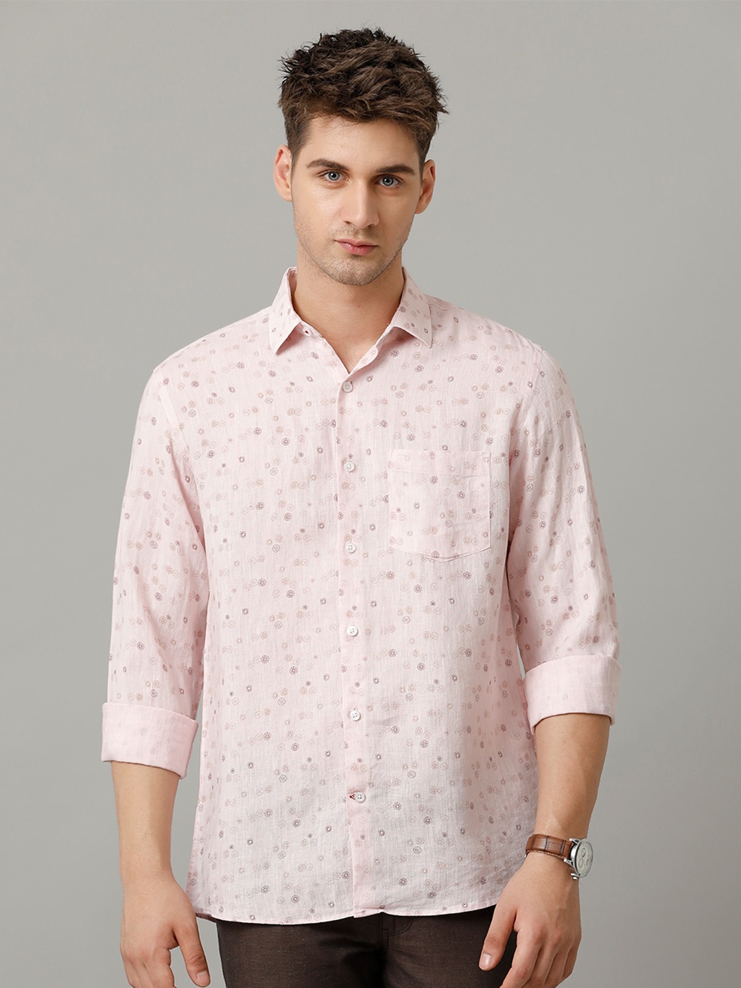 Linen Club Men Contemporary Floral Opaque Printed Casual Shirt, Pink