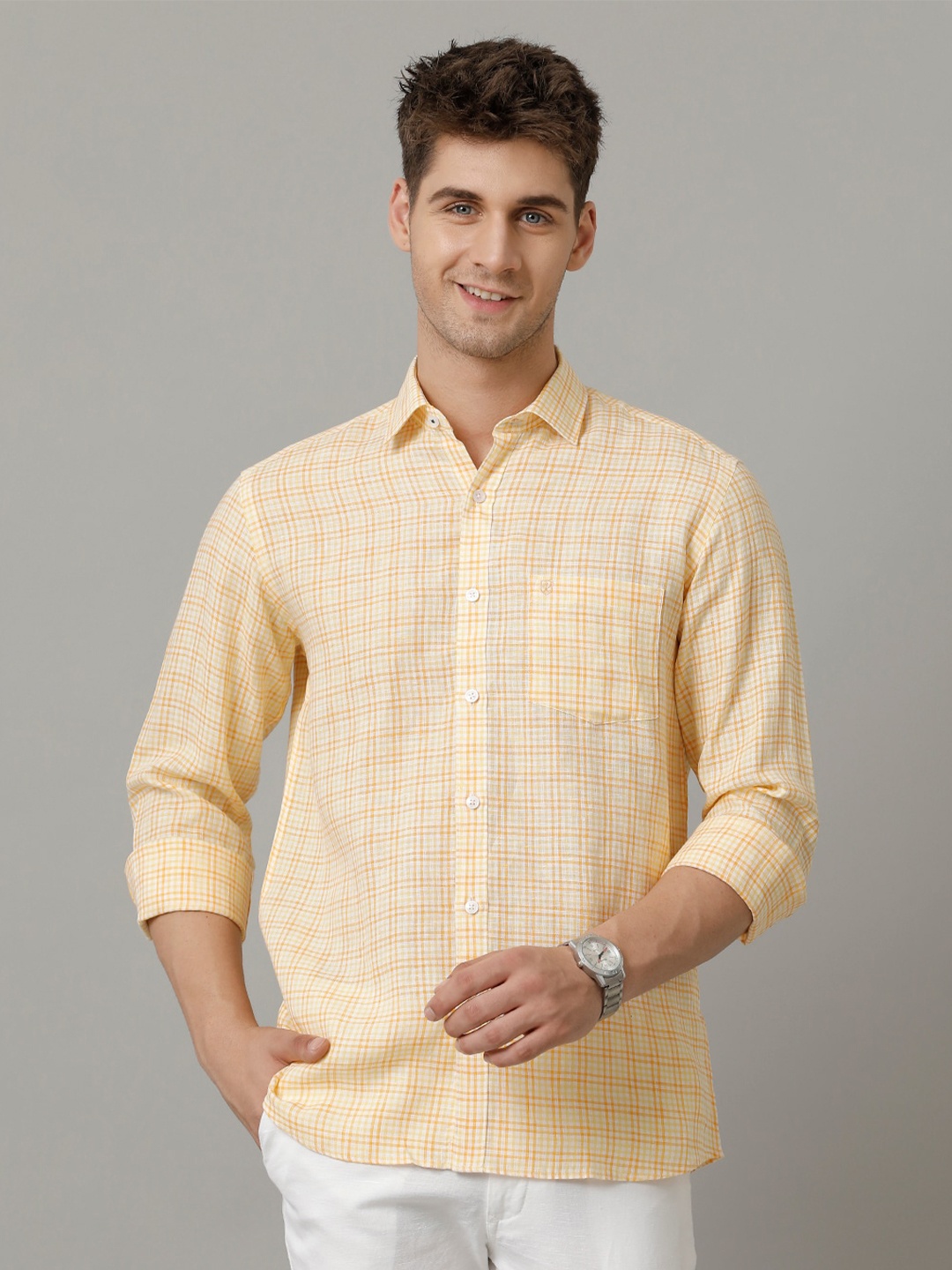 

Linen Club Men Contemporary Opaque Checked Casual Shirt, Orange
