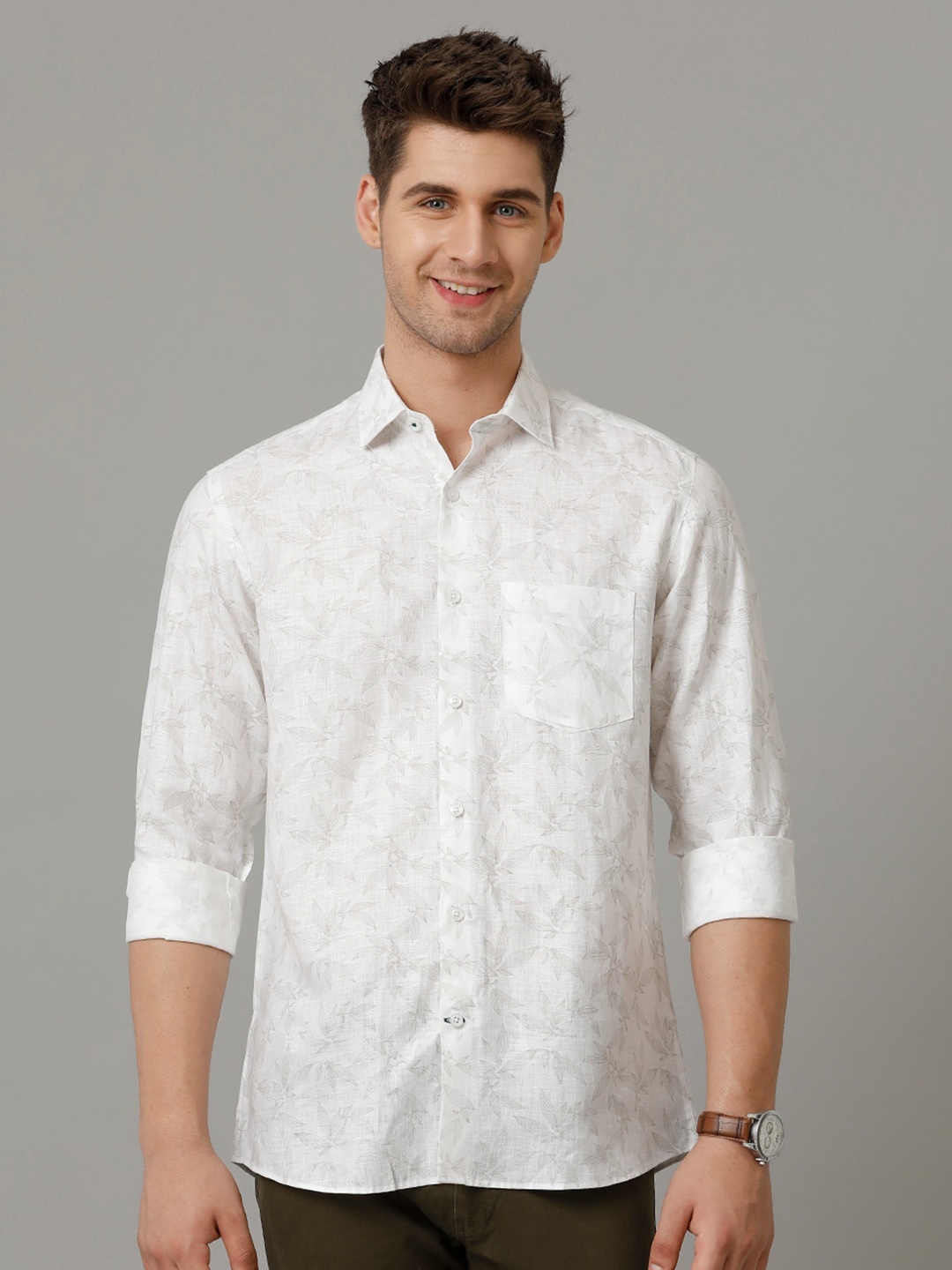 Linen Club Men Contemporary Floral Opaque Printed Casual Shirt, White