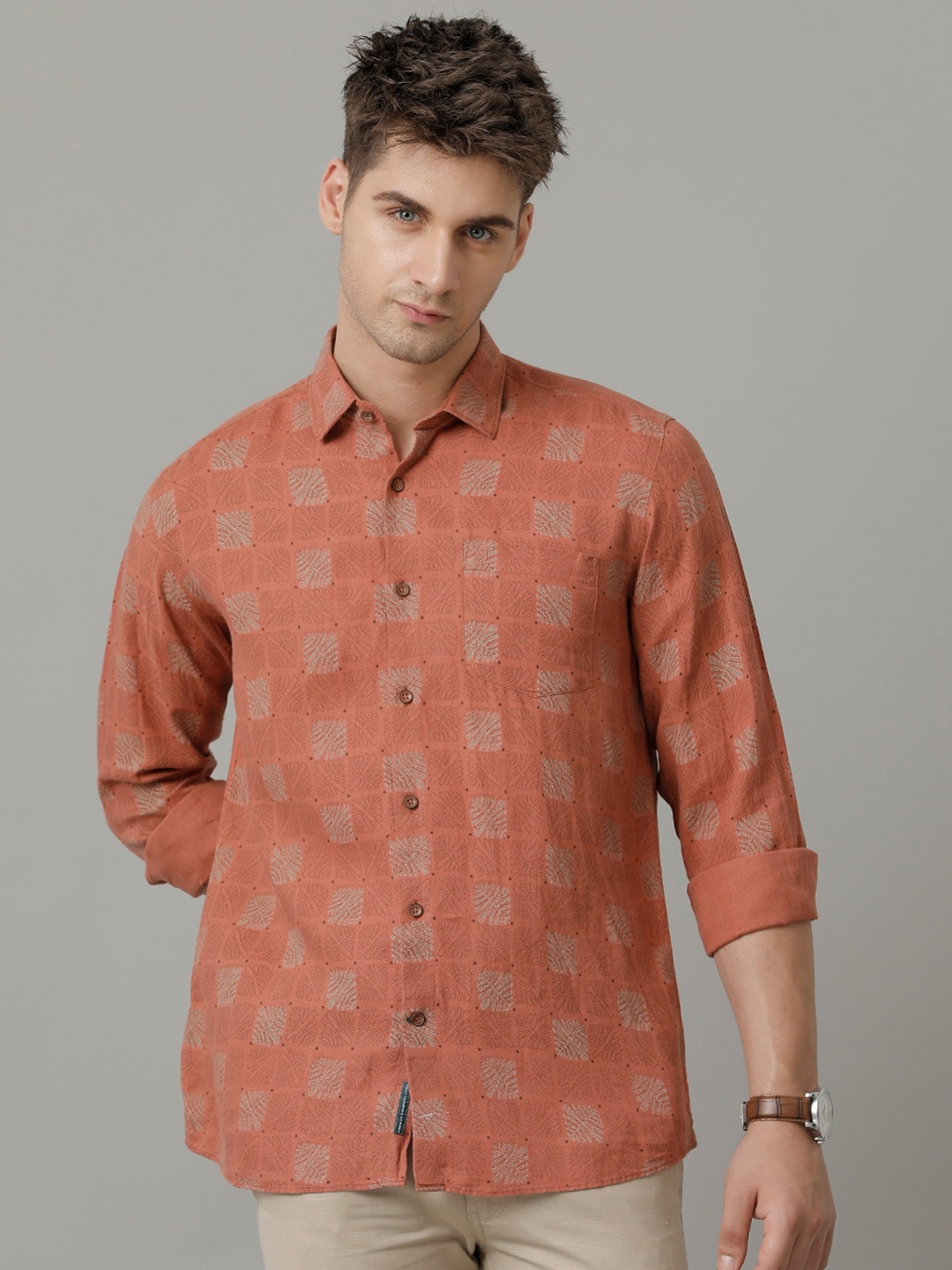 

Linen Club Men Contemporary Opaque Printed Casual Shirt, Brown