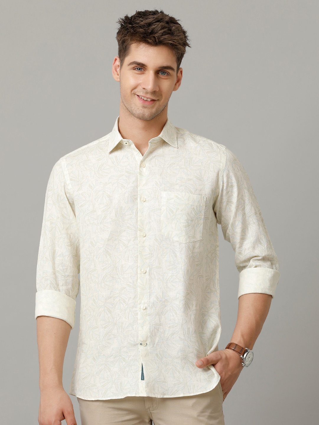 

Linen Club Men Contemporary Floral Opaque Printed Casual Shirt, Beige