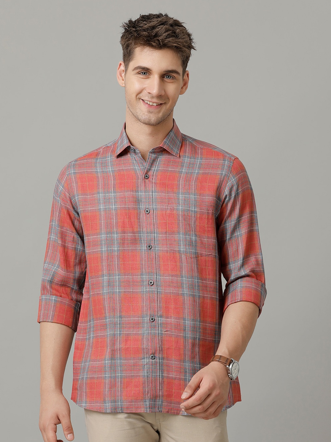 

Linen Club Contemporary Checked Spread Collar Linen Curved Casual Shirt, Red