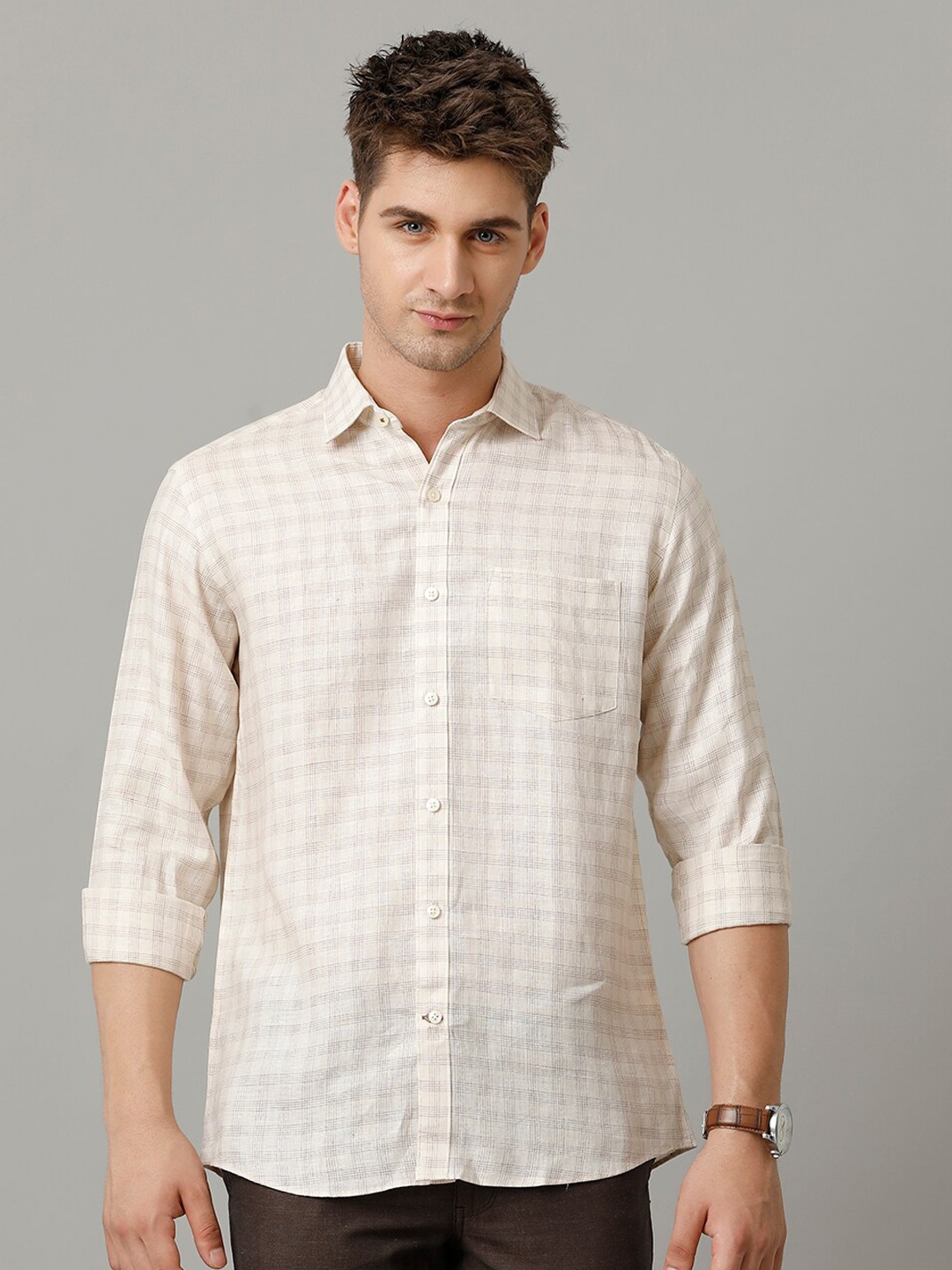 

Linen Club Men Contemporary Opaque Checked Casual Shirt, Beige