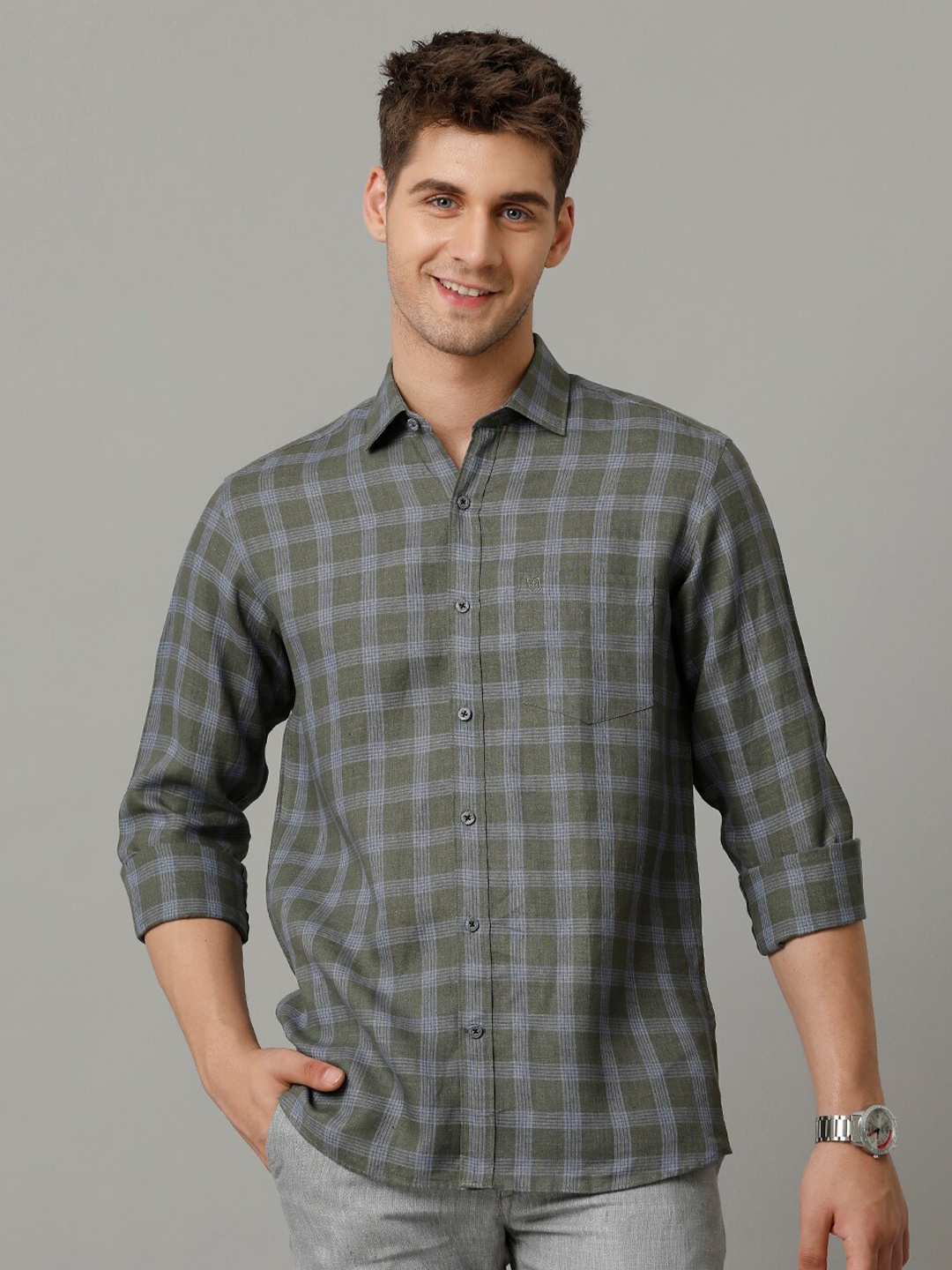 

Linen Club Men Contemporary Opaque Checked Casual Shirt, Green