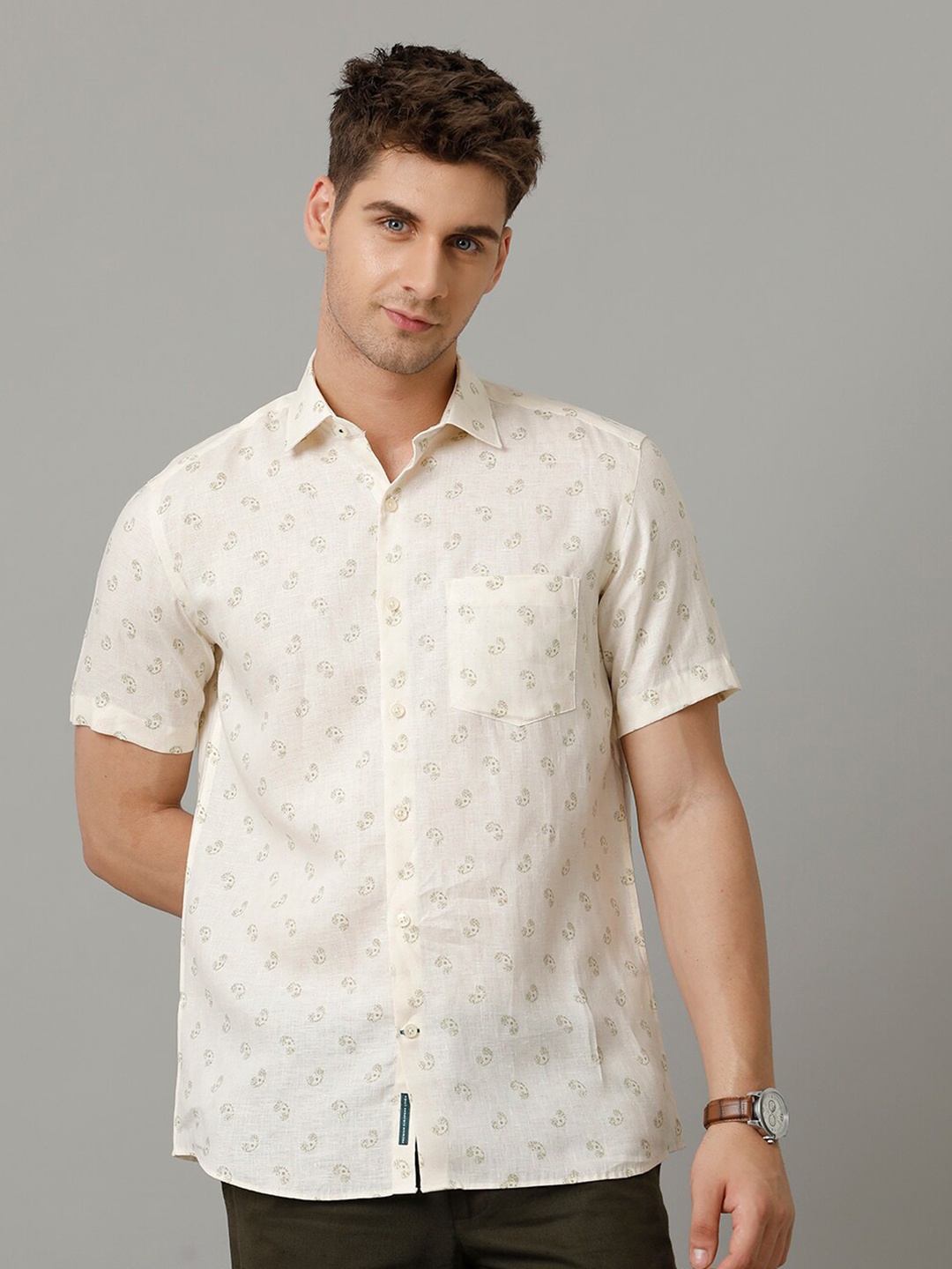 Linen Club Men Contemporary Floral Opaque Printed Casual Shirt, Beige