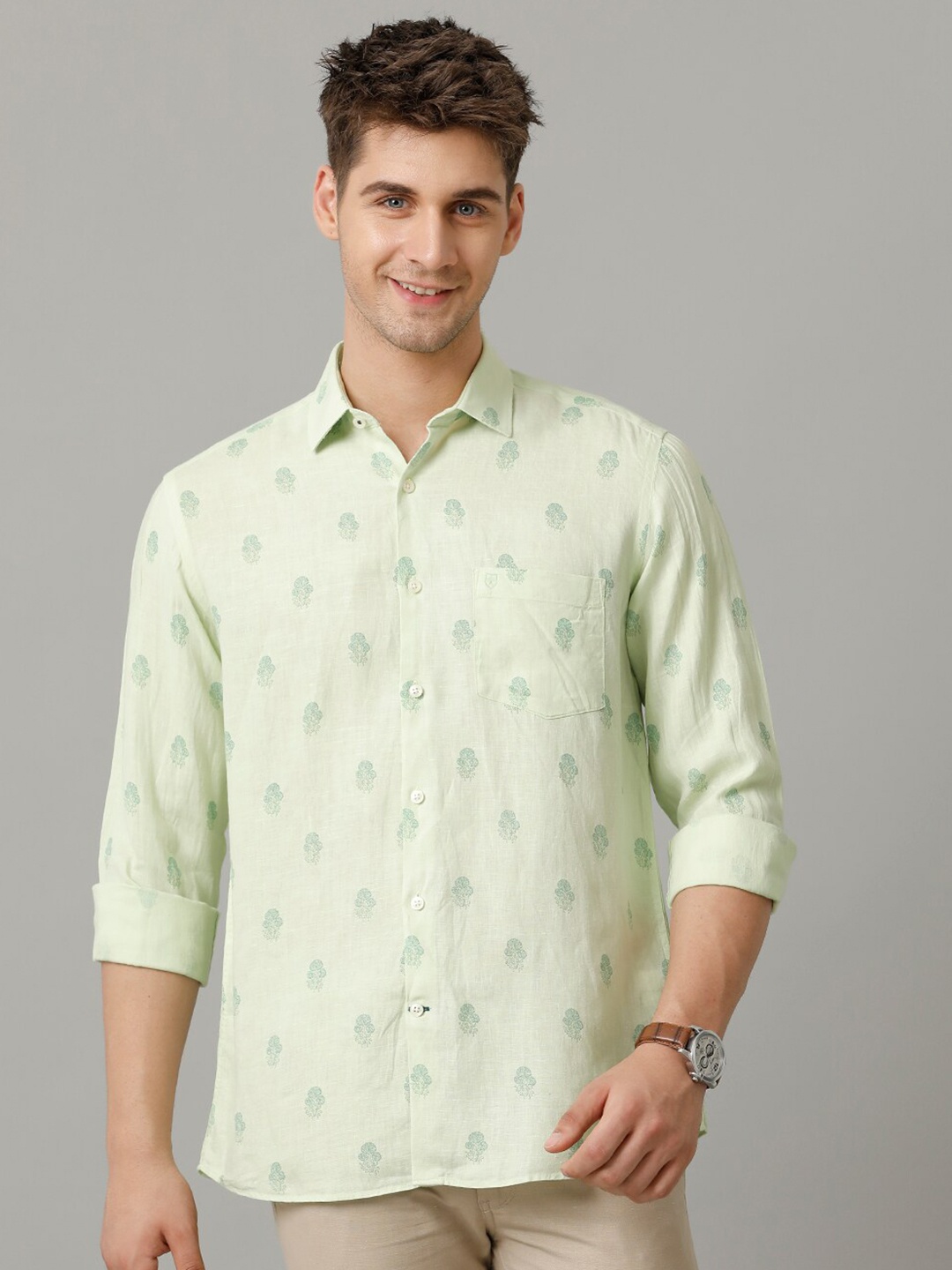 

Linen Club Men Contemporary Floral Opaque Printed Casual Shirt, Green