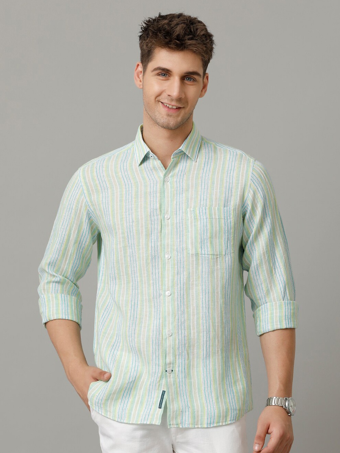 

Linen Club Men Contemporary Opaque Striped Casual Shirt, Green