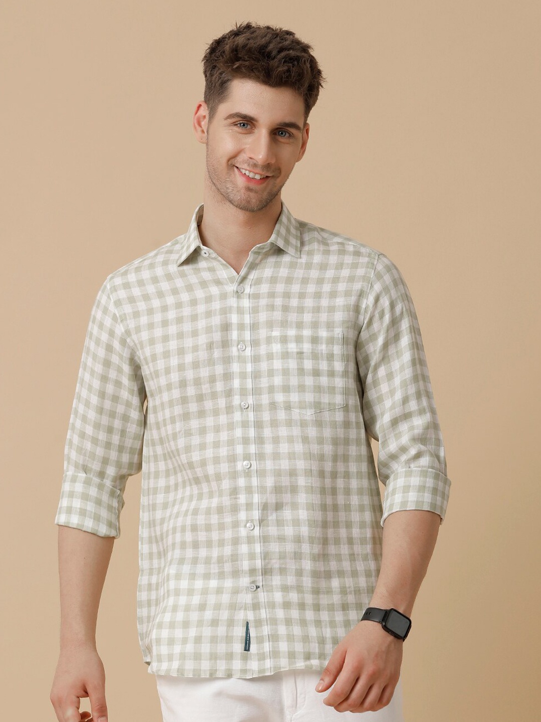 

Linen Club Men Contemporary Opaque Checked Casual Shirt, Green