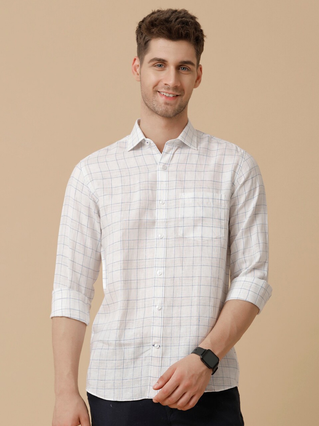 

Linen Club Men Contemporary Opaque Checked Casual Shirt, Blue