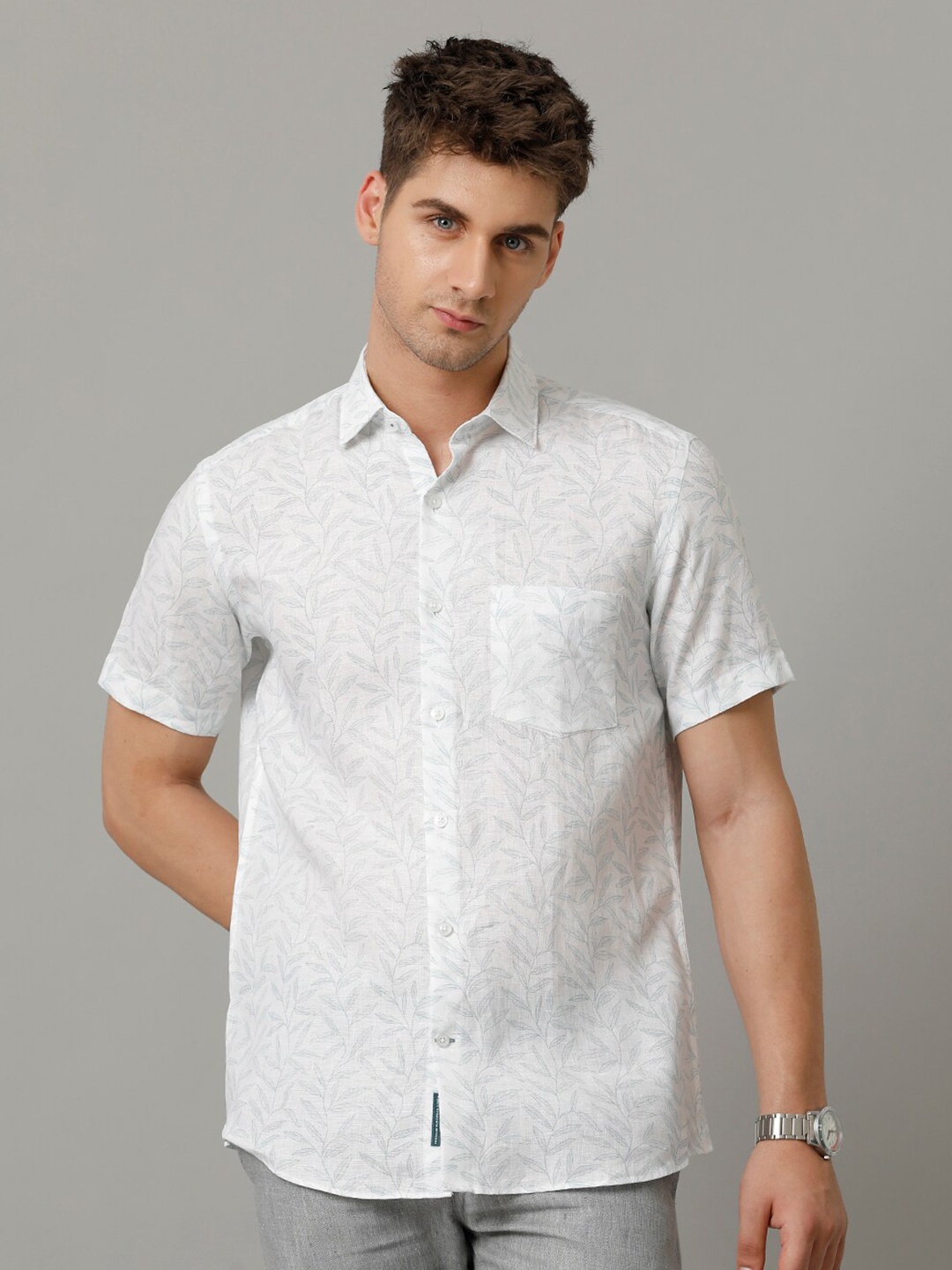 Linen Club Men Contemporary Floral Opaque Printed Casual Shirt, White