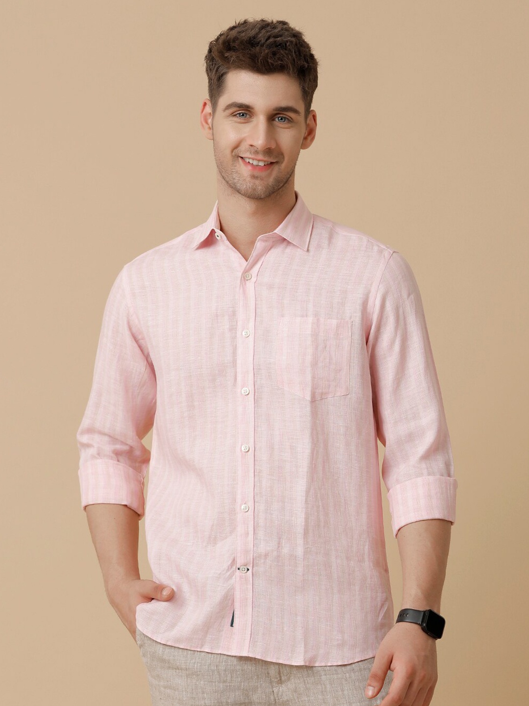 

Linen Club Men Contemporary Opaque Striped Casual Shirt, Pink