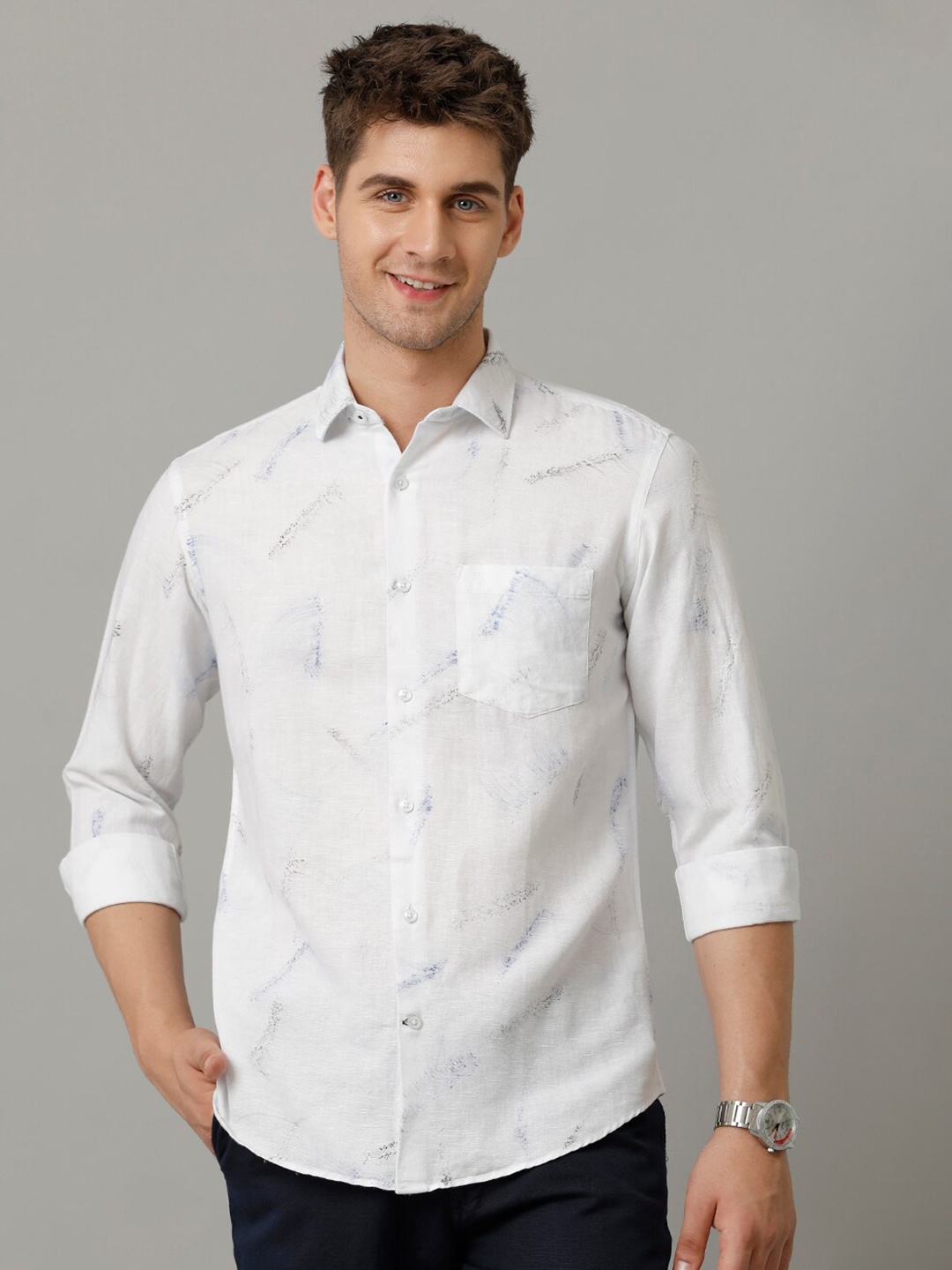 

Linen Club Men Contemporary Opaque Printed Casual Shirt, White