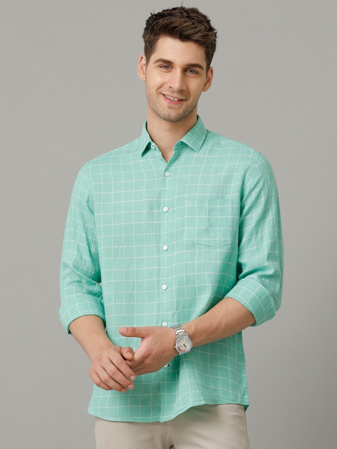 

Linen Club Men Contemporary Opaque Checked Casual Shirt, Green