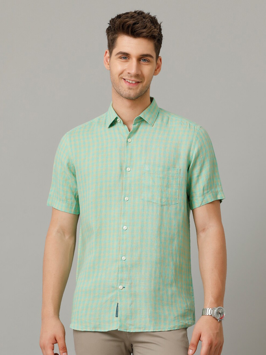 

Linen Club Men Contemporary Opaque Striped Casual Shirt, Green