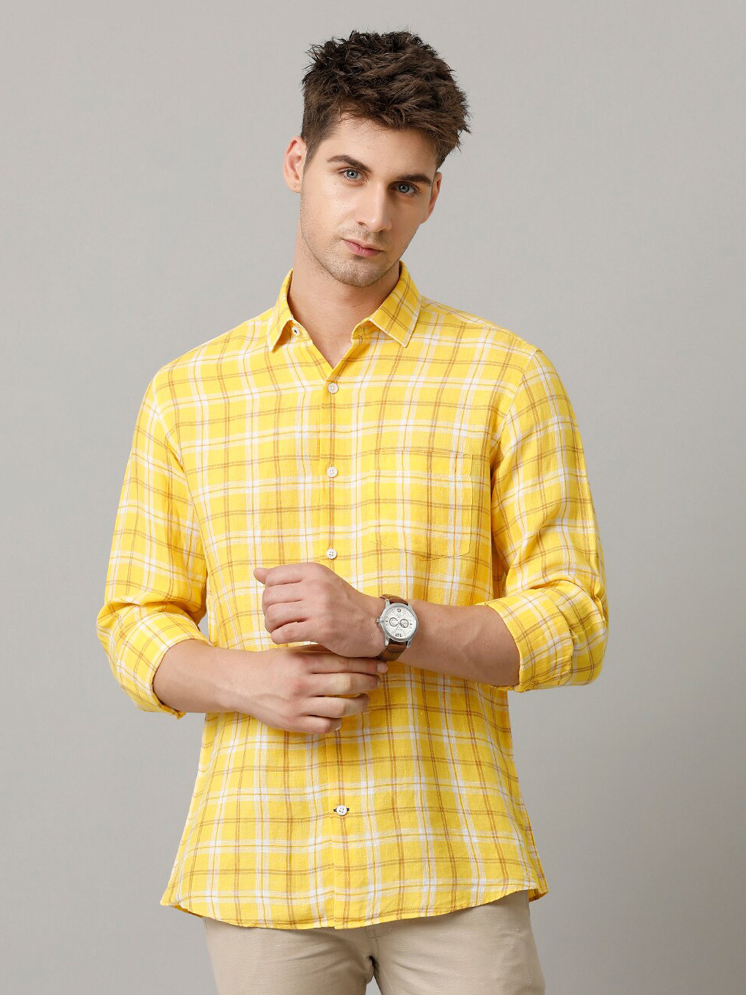 

Linen Club Men Contemporary Tartan Checks Opaque Checked Casual Shirt, Yellow