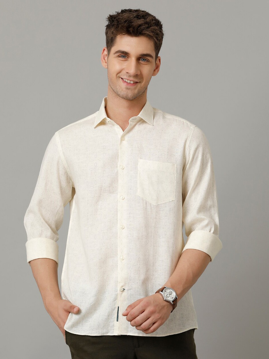

Linen Club Men Contemporary Floral Opaque Casual Shirt, Beige