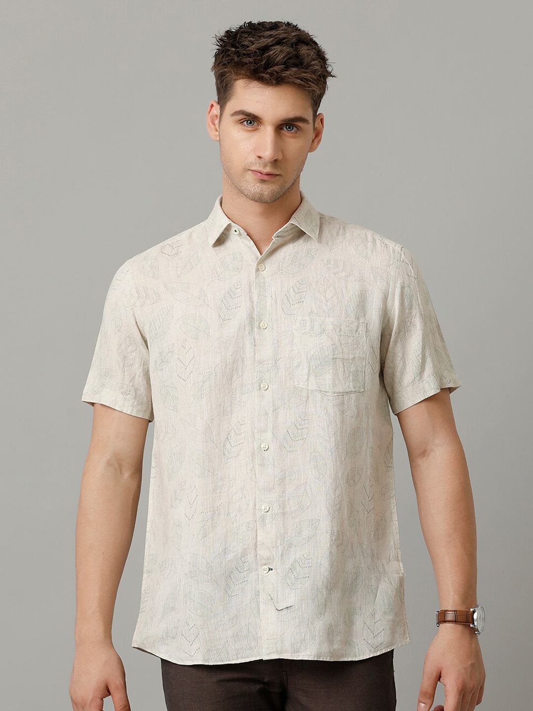 

Linen Club Men Contemporary Floral Opaque Printed Casual Shirt, Beige