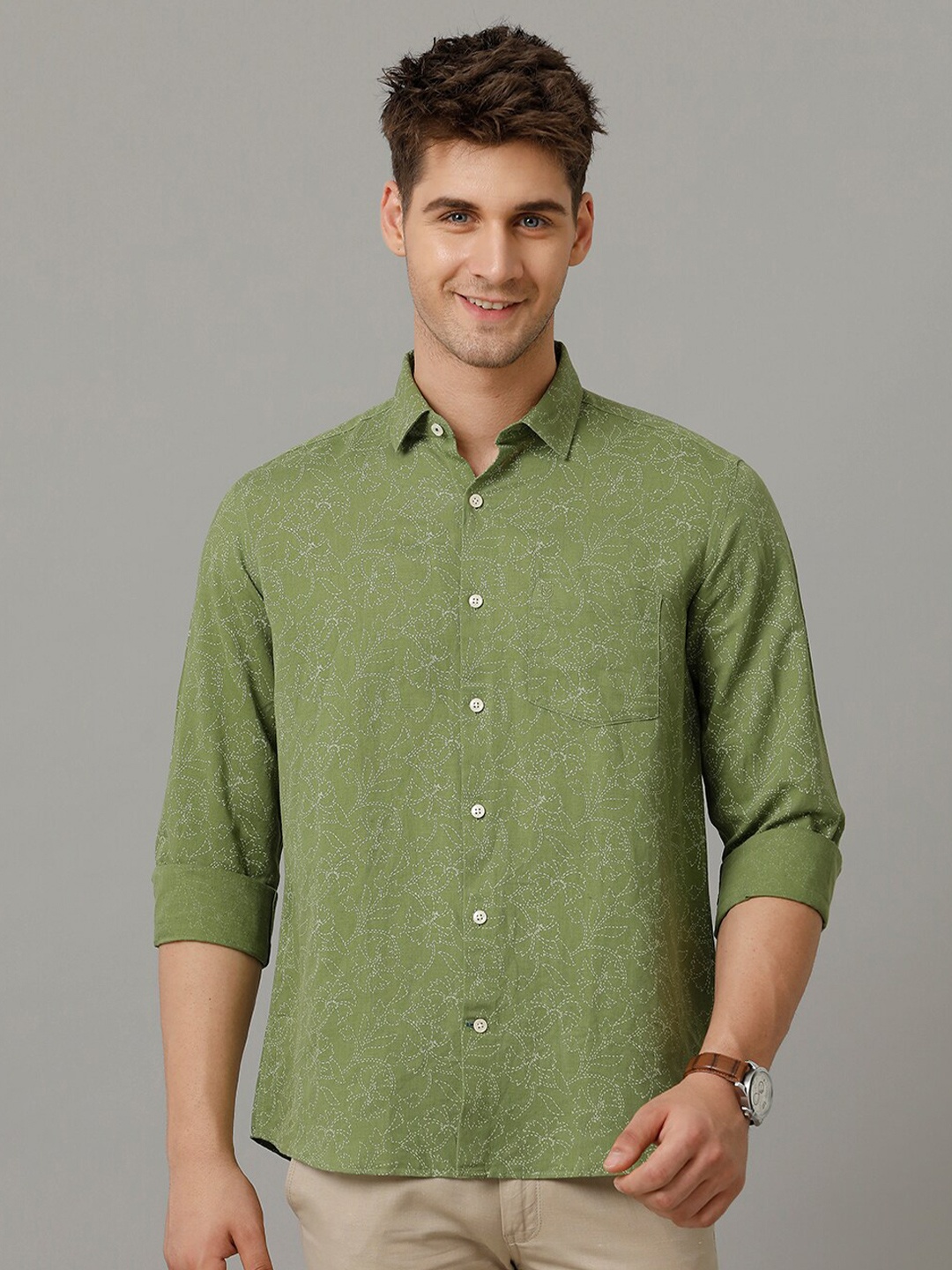 

Linen Club Men Contemporary Floral Opaque Printed Casual Shirt, Green