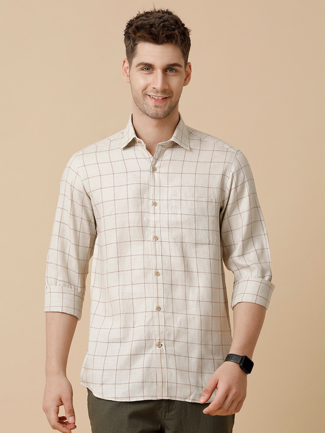 

Linen Club Men Contemporary Grid Tattersall Checks Opaque Checked Casual Shirt, Brown