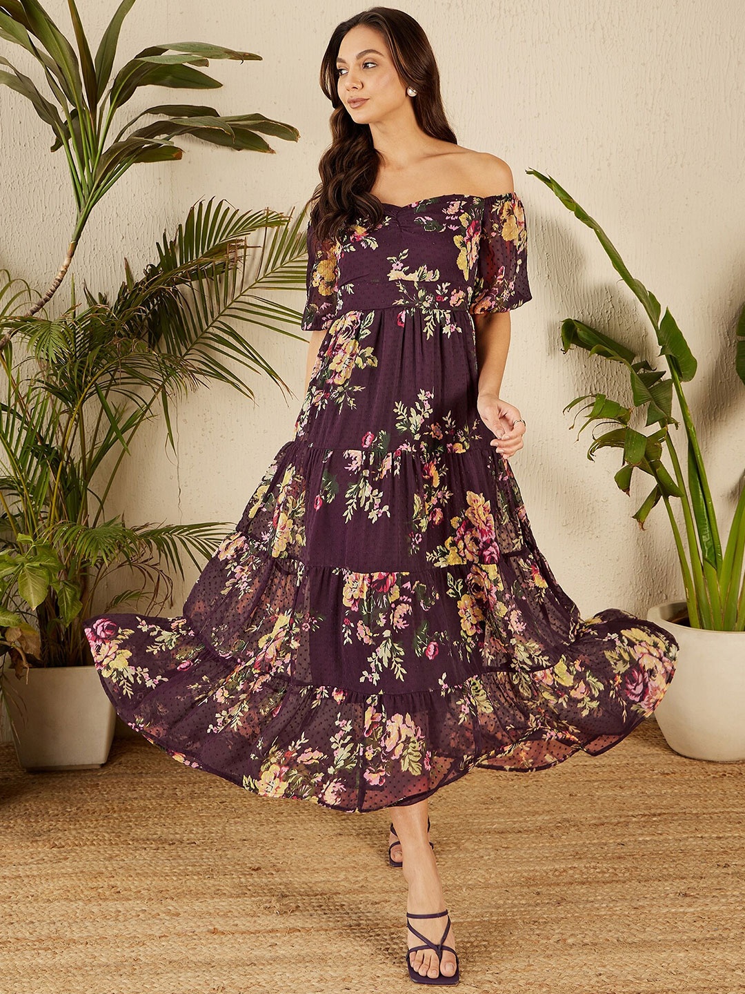 

Marie Claire Women Floral Print Off-Shoulder Tiered Fit & Flare Maxi Dress, Purple