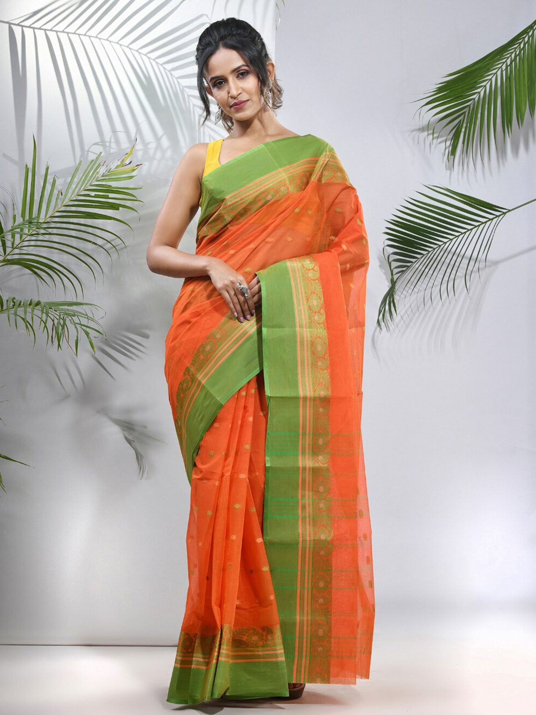 

Charukriti Ethnic Motifs Woven Design Zari Pure Cotton Taant Saree, Orange