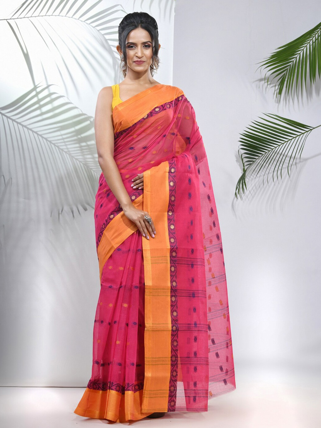 

Charukriti Ethnic Motifs Woven Design Pure Cotton Taant Saree, Fuchsia