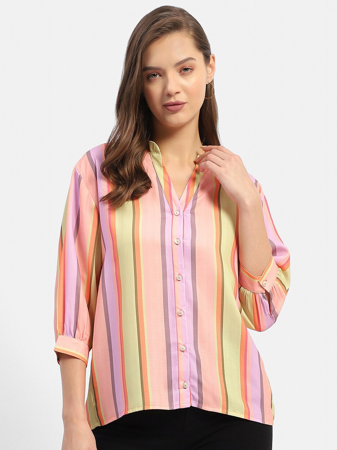 

Madame Striped Mandarin Collar Shirt Style Top, Orange