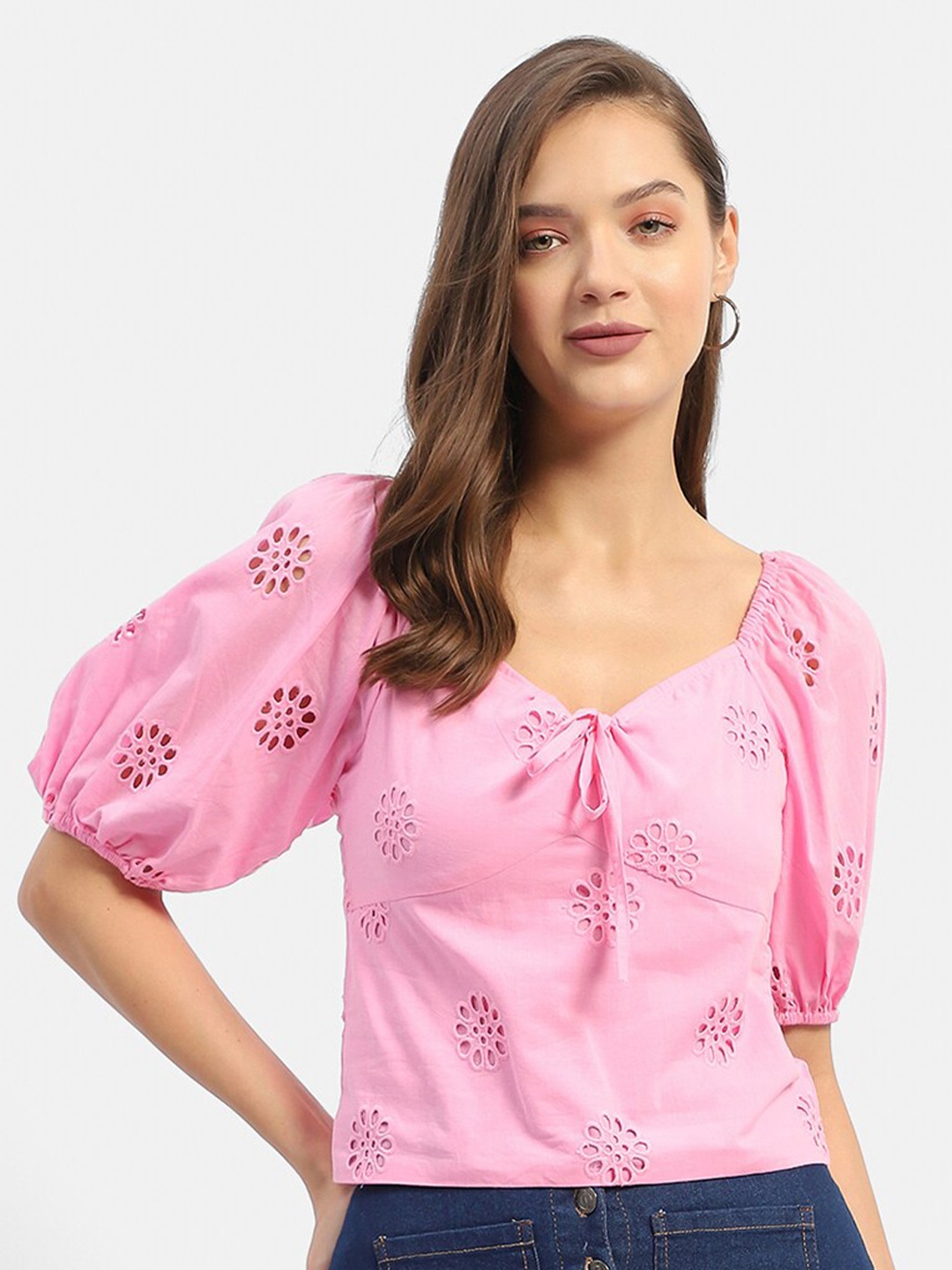 

Madame Floral Print Tie-Up Neck Puff Sleeve Cotton Top, Pink