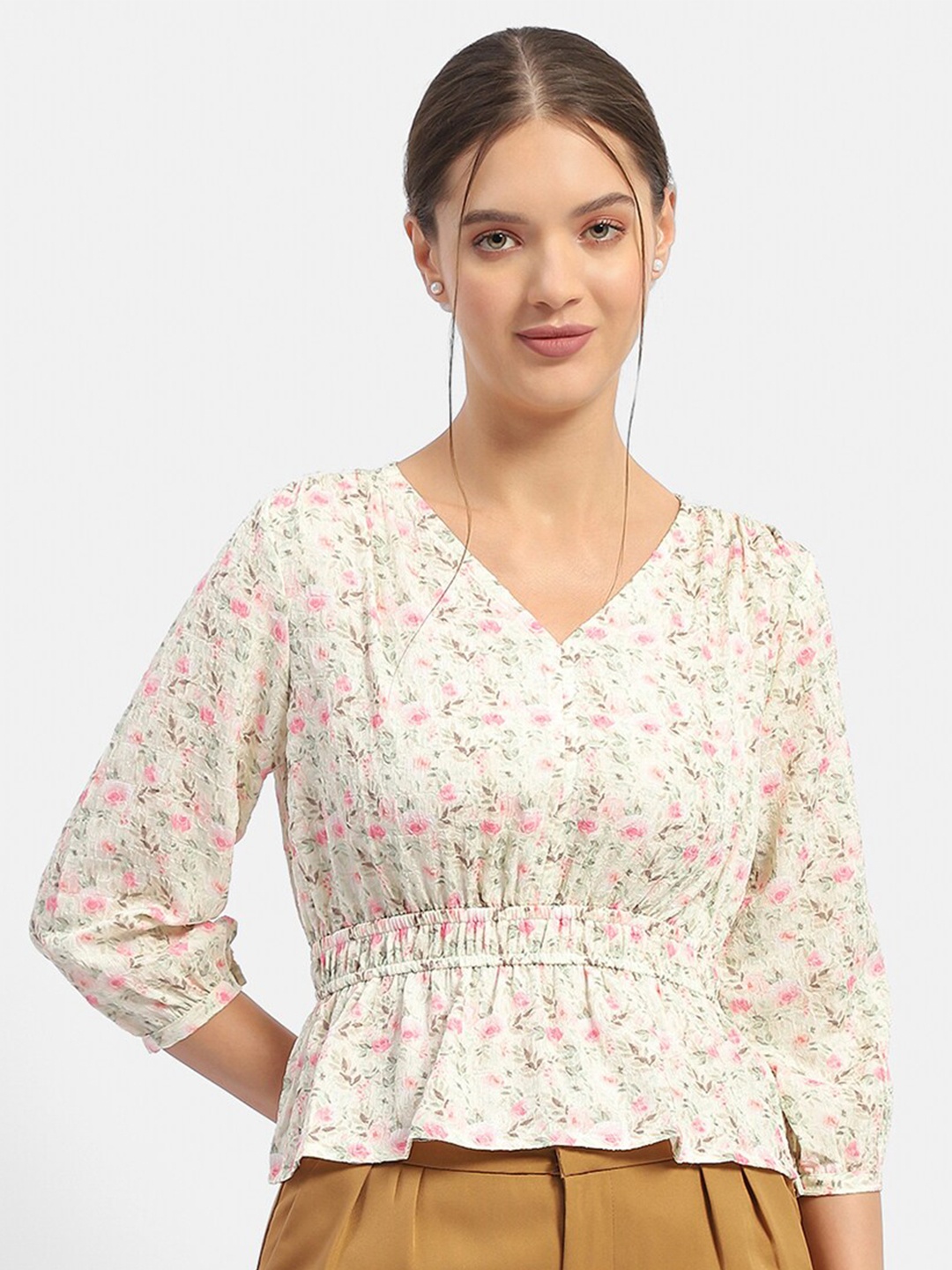 

Madame Floral Print Cinched Waist Top, Beige