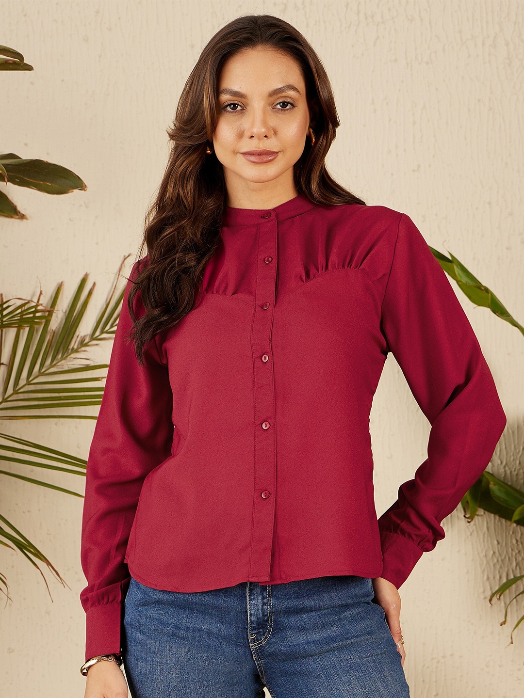 

RARE Mandarin Collar Shirt Style Top, Maroon