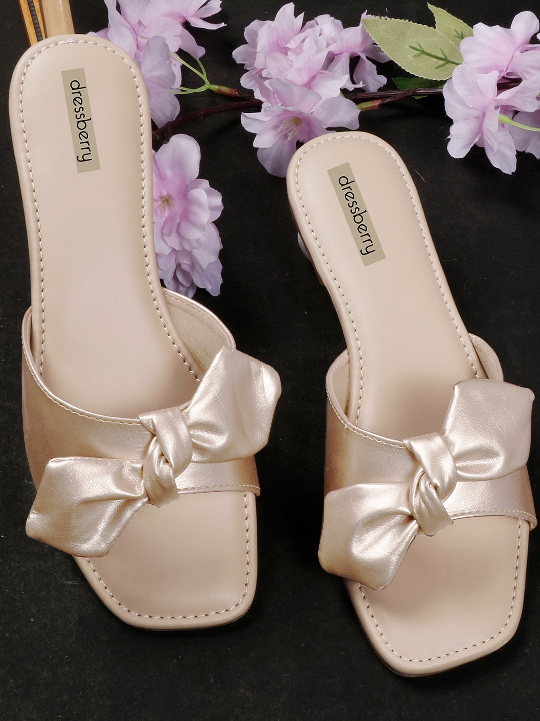 

DressBerry Champange Bow Detailed Open Toe Flats, Champagne