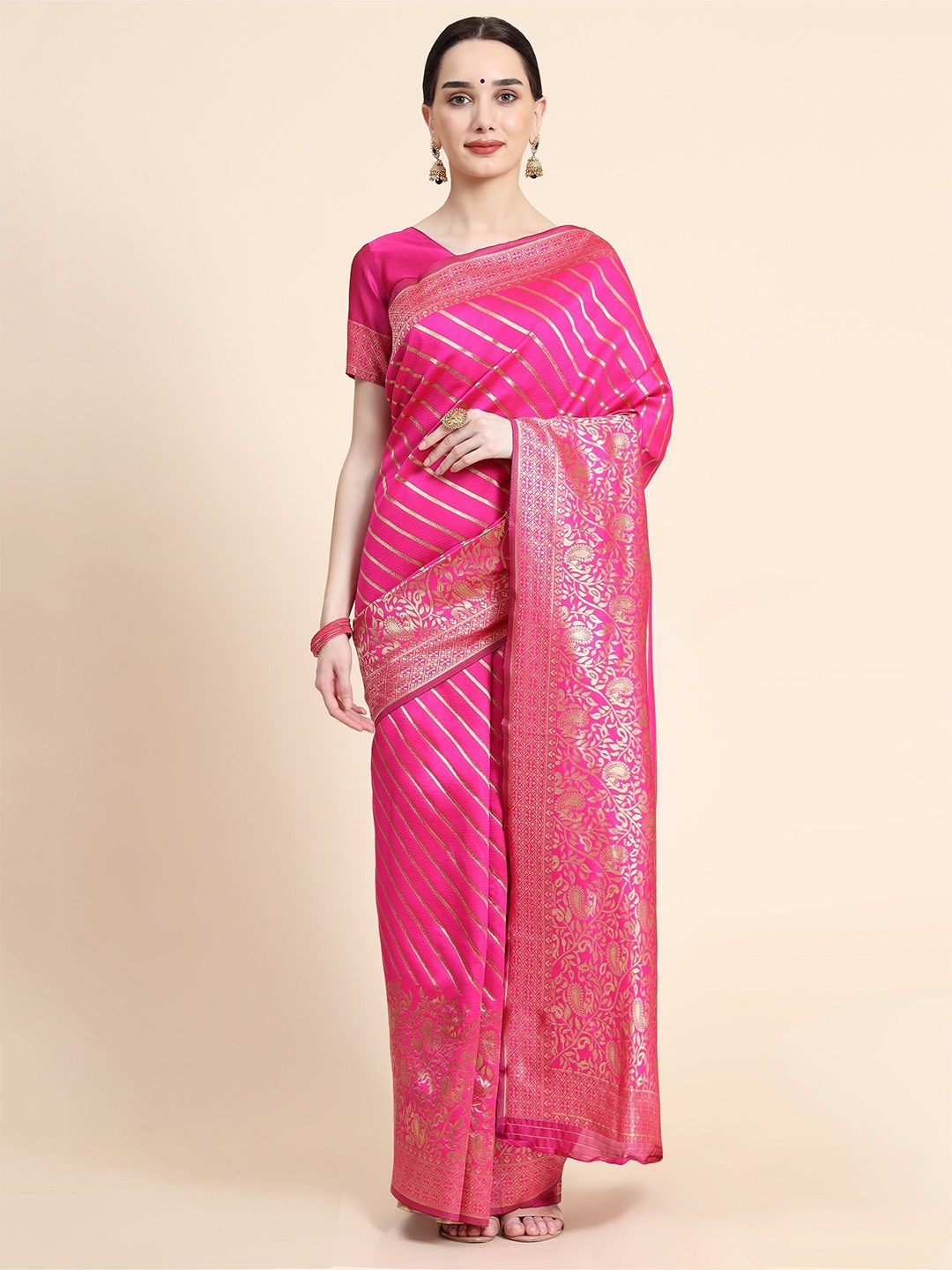 

RASVRITI Striped Pure Silk Kanjeevaram Saree, Pink