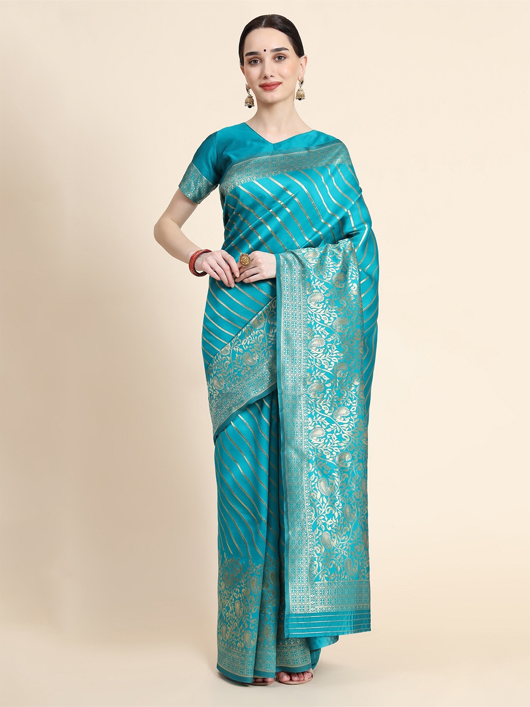 

RASVRITI Woven Design Zari Pure Silk Kanjeevaram Saree, Sea green