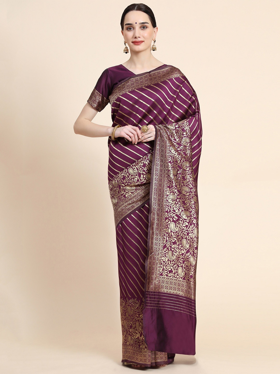 

RASVRITI Striped Woven Design Zari Pure Silk Kanjeevaram Saree, Purple