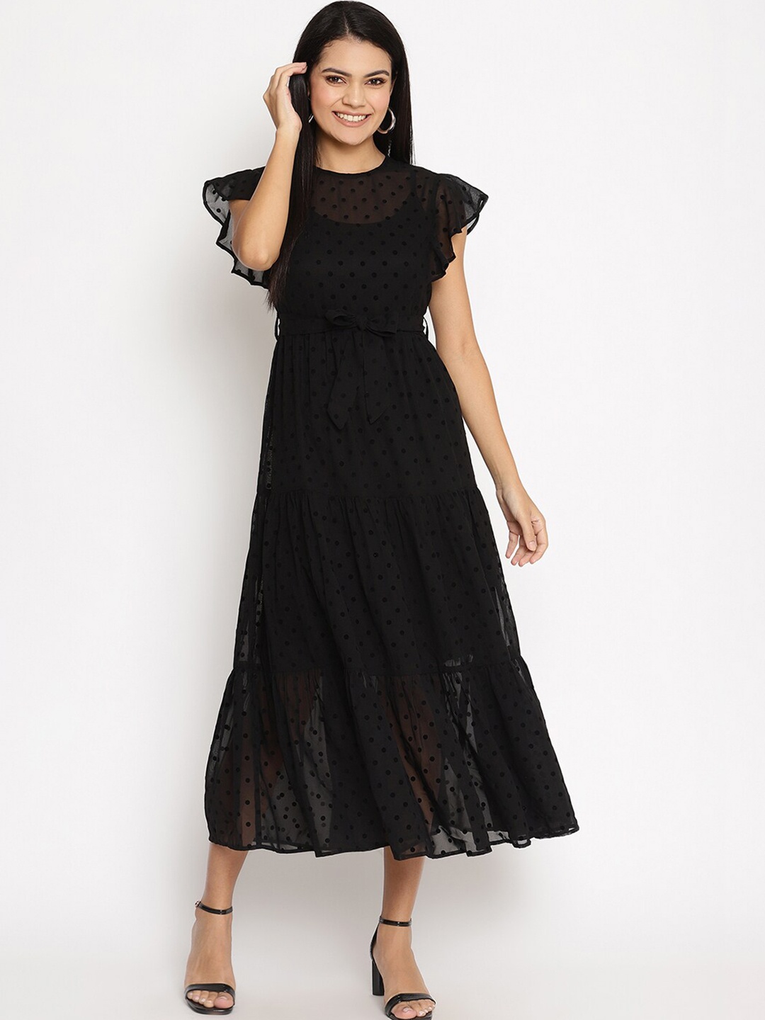

HOUSE OF KKARMA Women Flutter Sleeve Crepe Midi A-Line Dress, Black