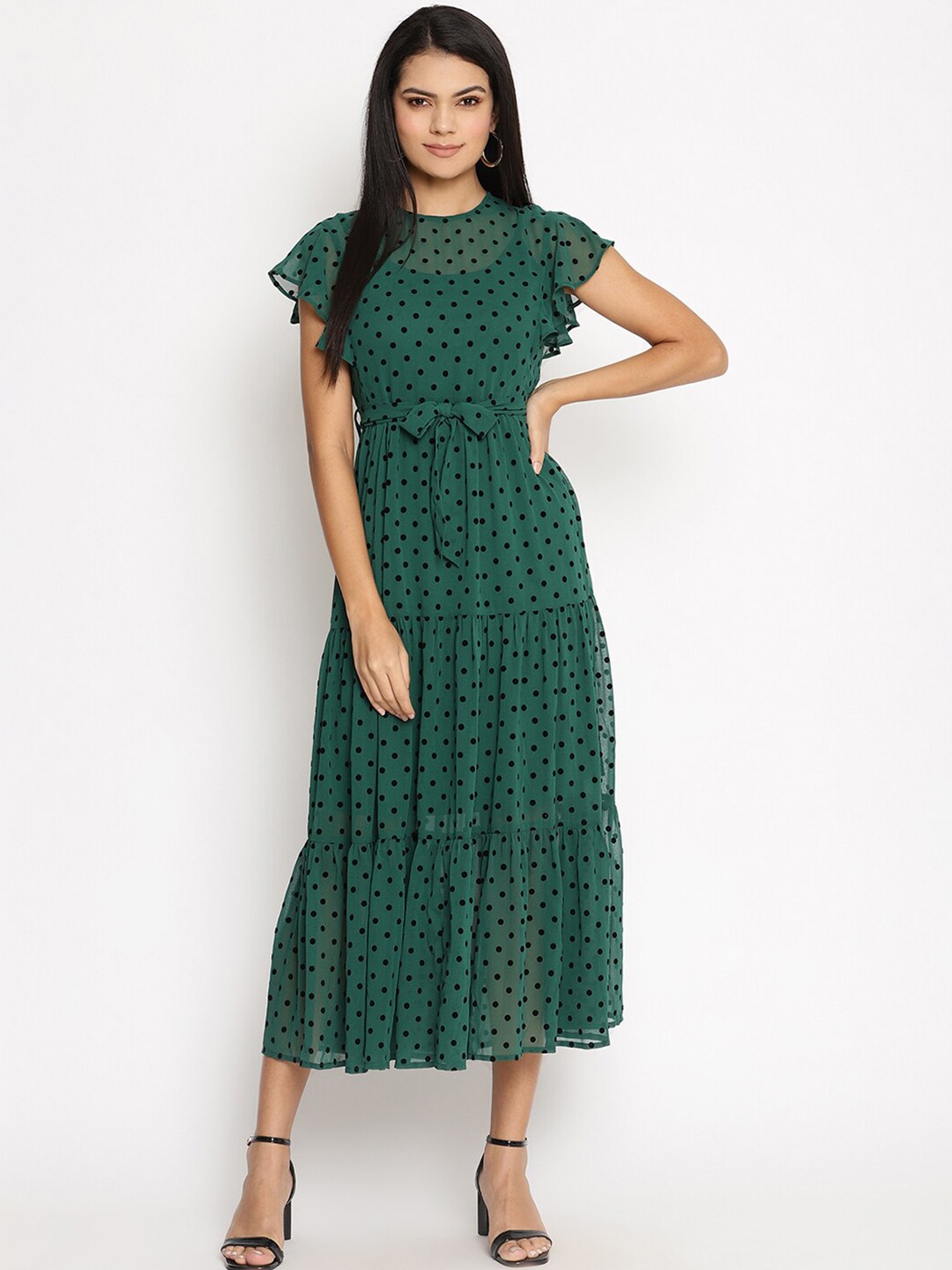 

HOUSE OF KKARMA Women Polka Dot Print Flutter Sleeve Crepe Midi Dress, Green