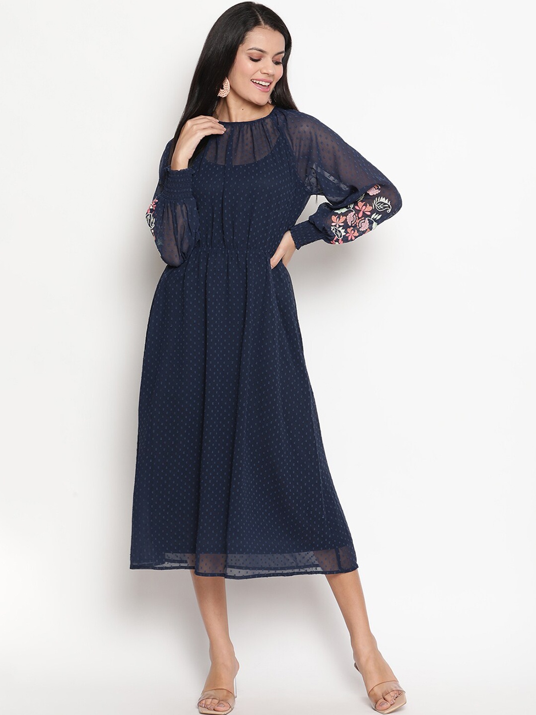 

HOUSE OF KKARMA Women Woven Design Print Puff Sleeve Crepe Fit and Flare Midi Dress, Navy blue