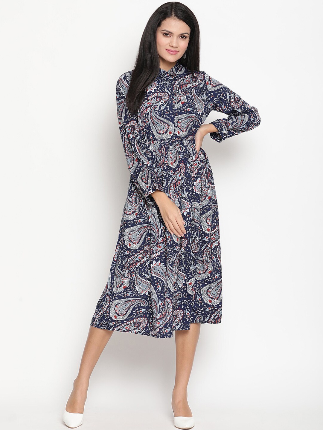 

HOUSE OF KKARMA Ethnic Motifs Print Crepe A-Line Midi Dress, Navy blue