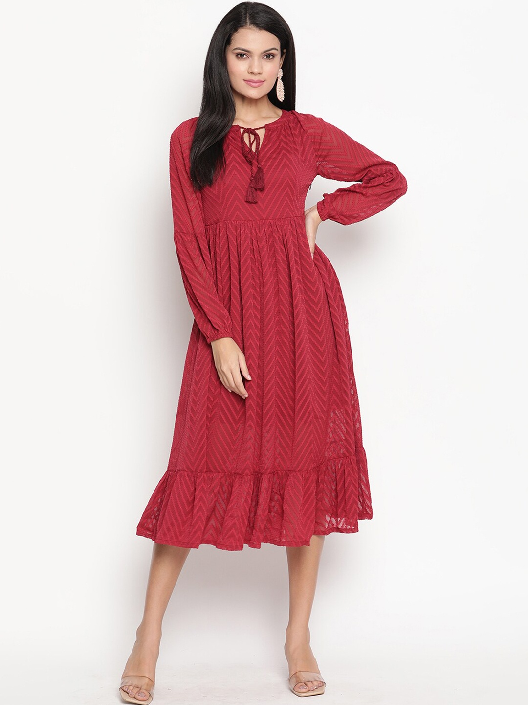 

HOUSE OF KKARMA Print Tie-Up Neck Crepe Puff Sleeve A-Line Midi Dress, Red