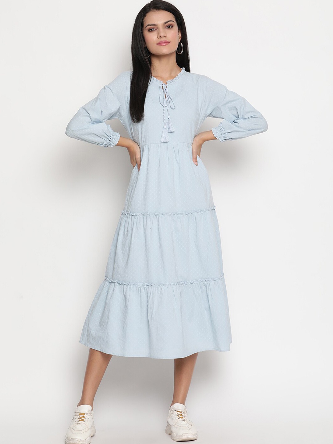 

HOUSE OF KKARMA Women Tie-Up Neck Bell Sleeve A-Line Midi Dress, Blue