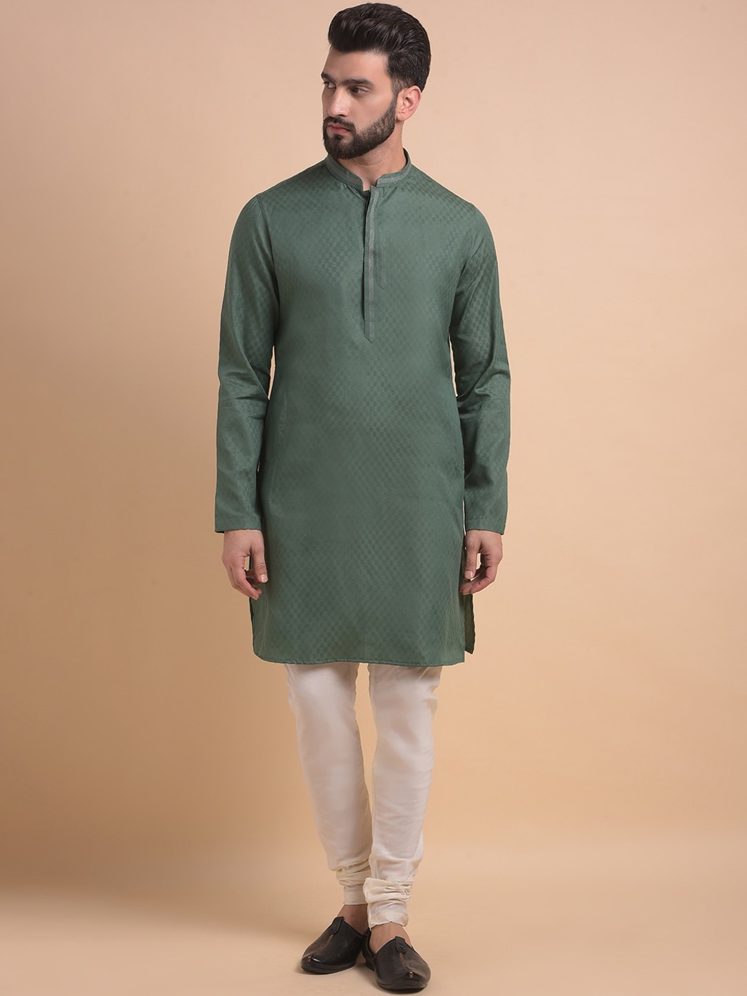 

Anouk Woven Design Mandarin Collar Long Sleeves Straight Kurta with Churidar, Green