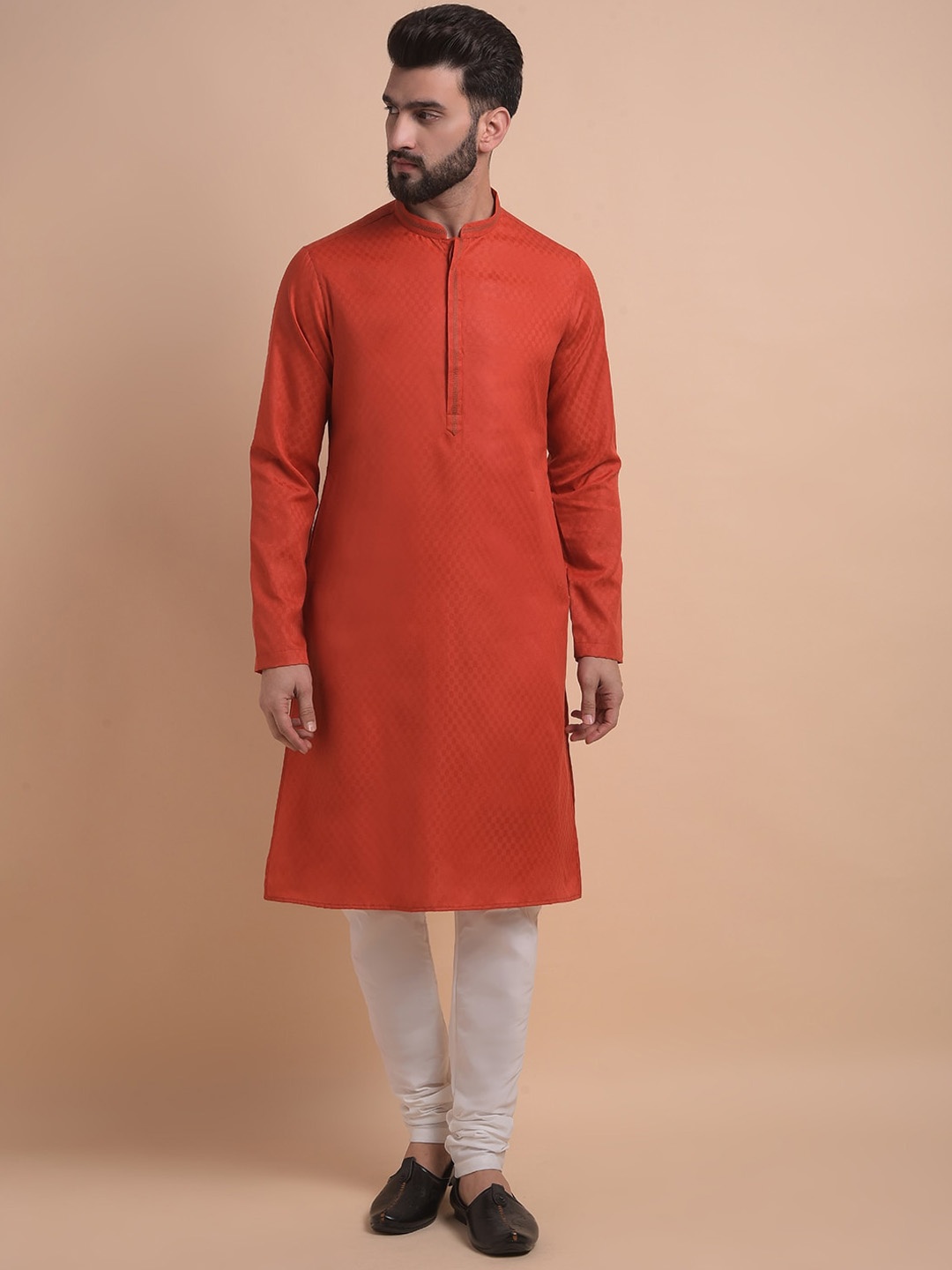 

Anouk Woven Design Mandarin Collar Long Sleeves Straight Kurta with Churidar, Red
