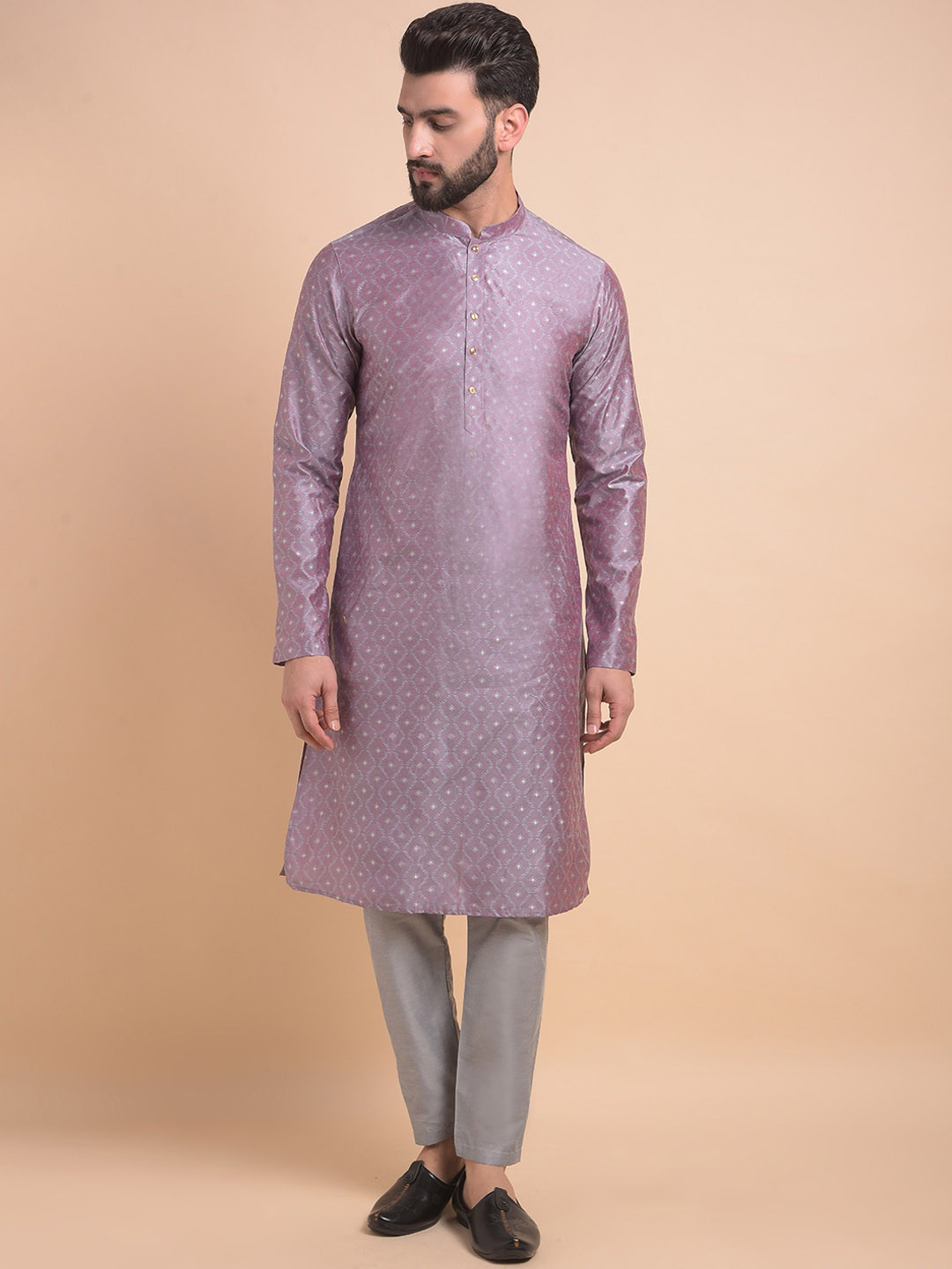 

Anouk Woven Design Mandarin Collar Long Sleeves Straight Kurta with Pyjama, Grey