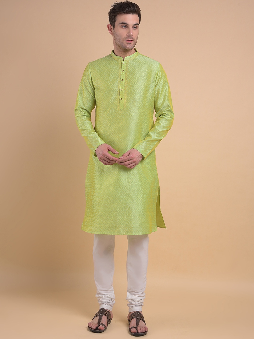 

Anouk Geometric Woven Design Mandarin Collar Long Sleeves Straight Kurta with Churidar, Green