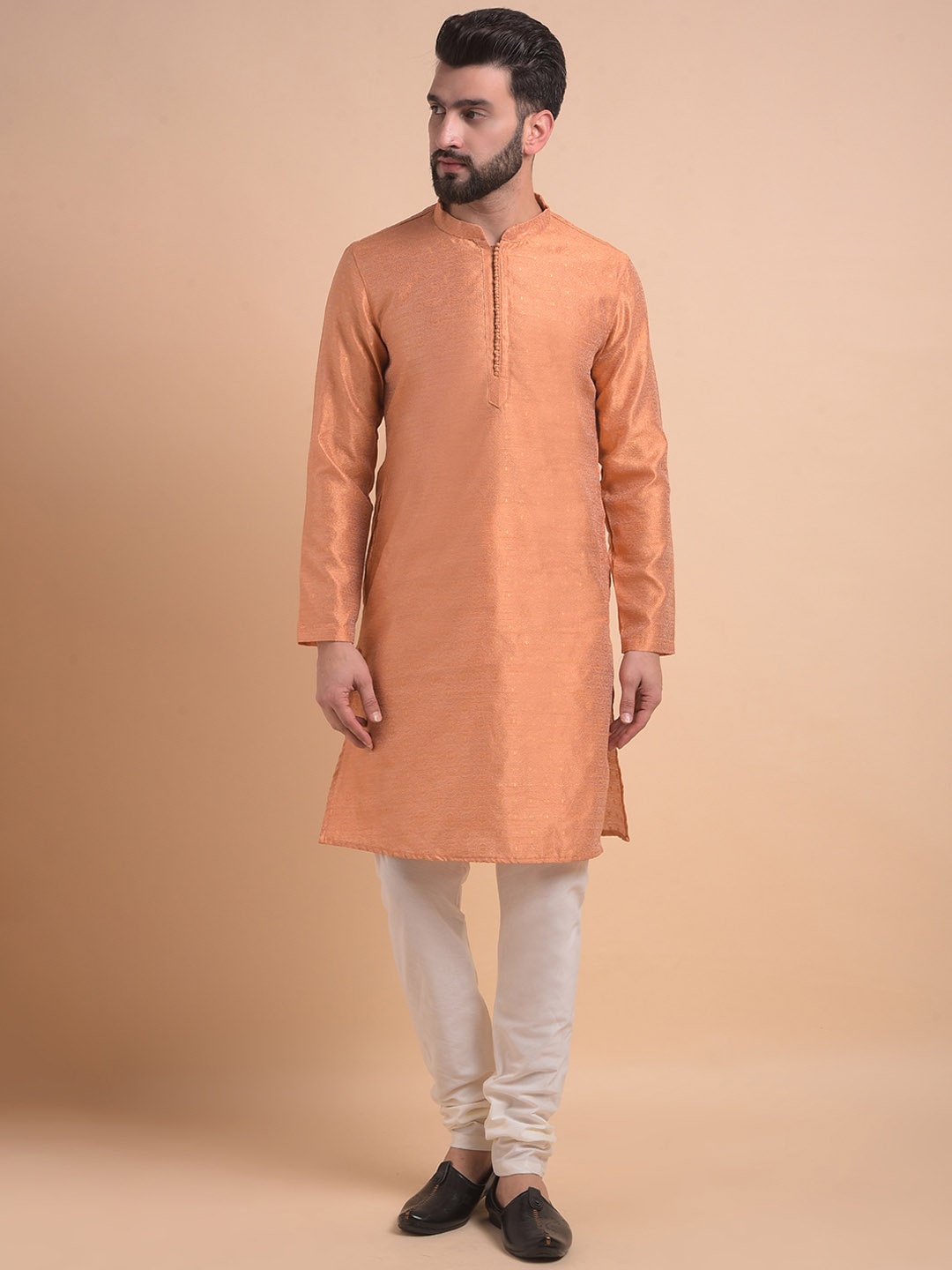

Anouk Ethnic Woven Design Mandarin Collar Regular Zari Straight Kurta With Churidar, Copper